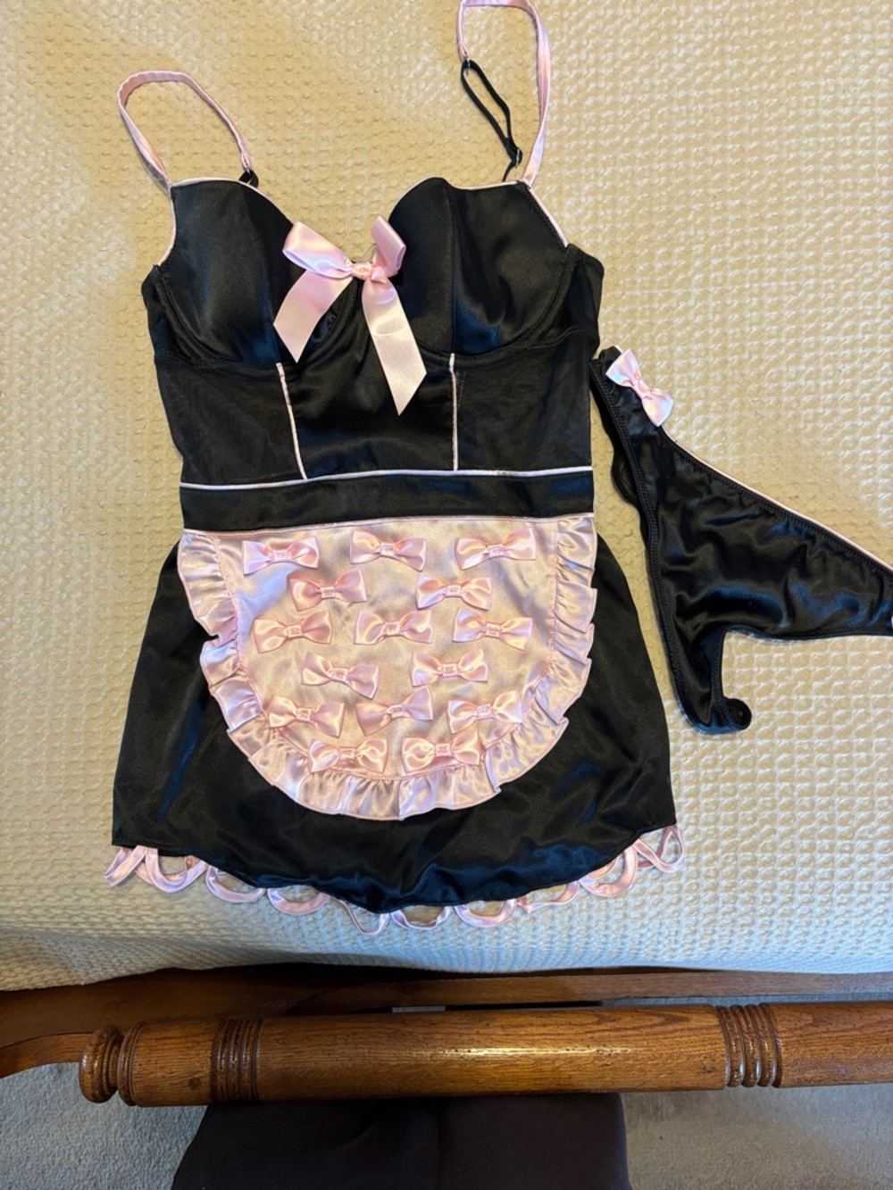 Black and Pink Satin Bow-Accent Lingerie Chemise with Thong